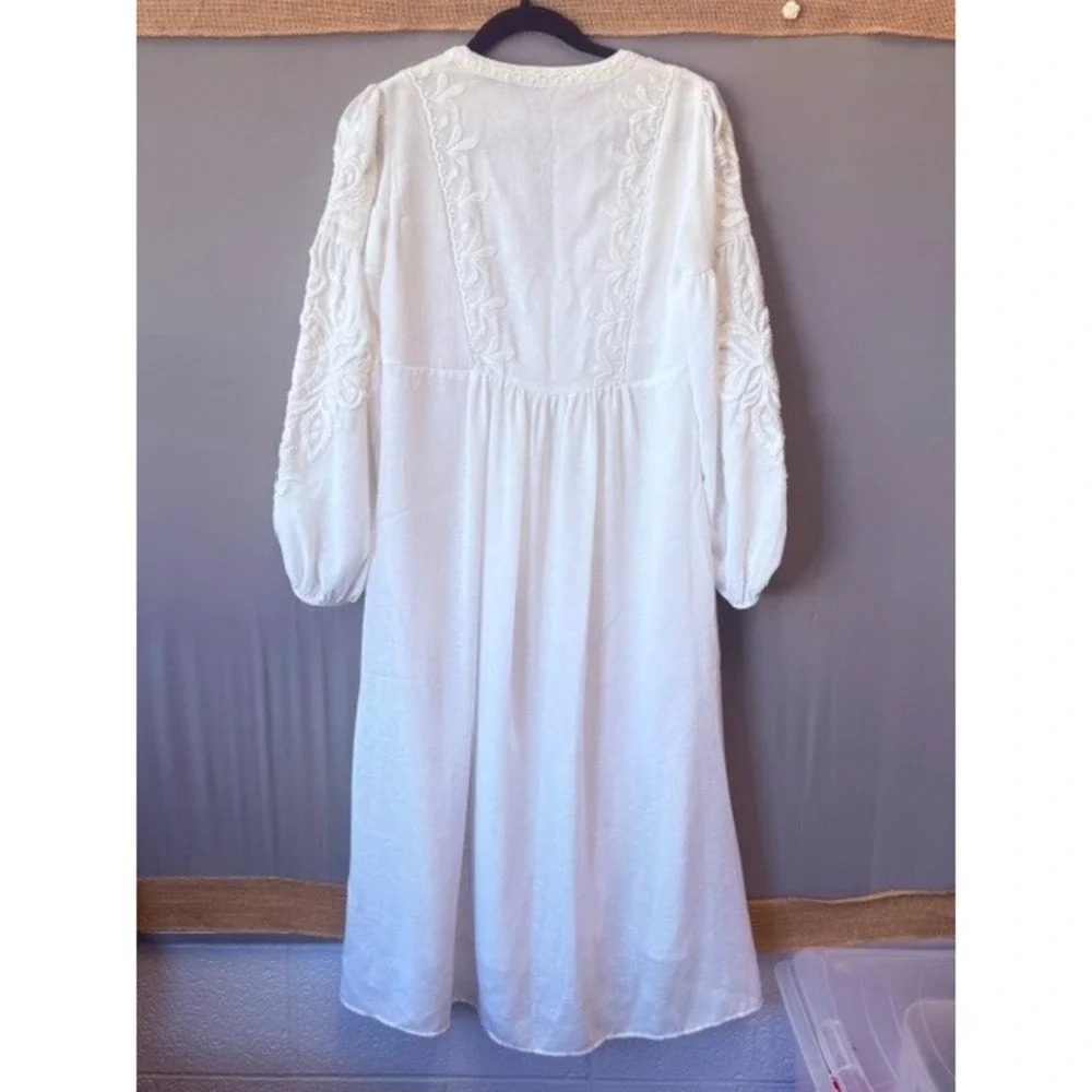 Zara Woman Embroidered Midi Dress Size S White Balloon Sleeve Tassel Boho India - Picture 5 of 8